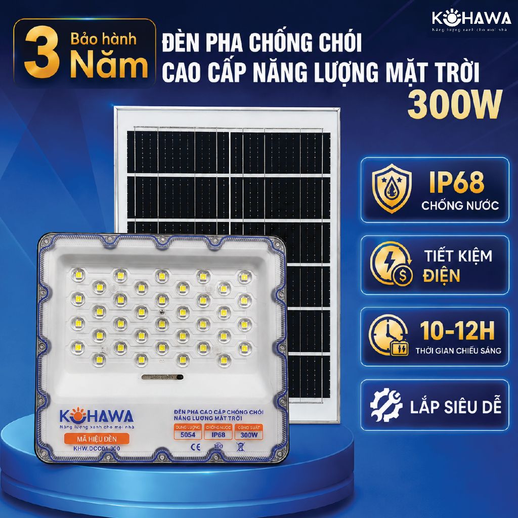 Đèn mắt ngọc Năng Lượng Mặt Trời 300W KOHAWA -Đèn pha Chống Ngoài Trời-Chống Nước IP68-Pin lớn-K.DCC01.300