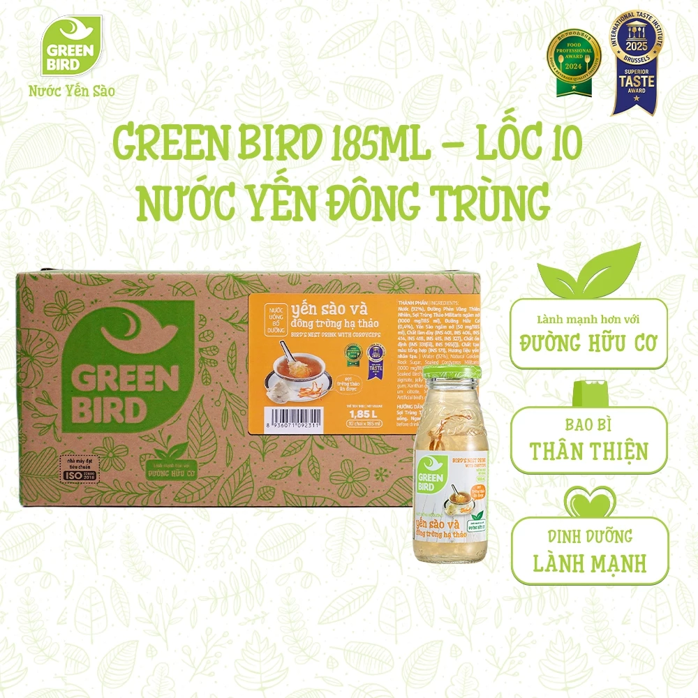 Lốc 10 Chai Nước Yến Đông Trùng Hạ Thảo Green Bird Tăng Cường Sức Khỏe - Chai 185ml