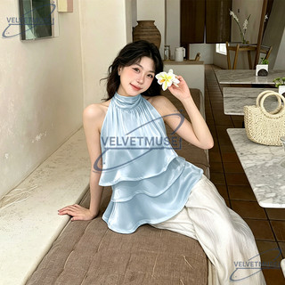 VM-Áo Kiểu Nữ Cổ Yếm Organza,Bèo Tầng Hàng,Dáng Ôm Tôn Vai, Mềm Mịn Có