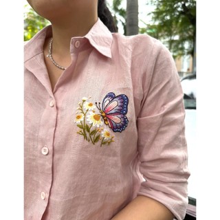 Áo sơ mi nữ Linen Tưng Thêu tay thủ công. JUNE LINEN A04T