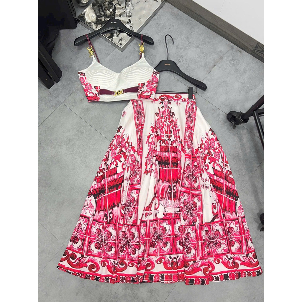 set áo váy dài xanh dương Hồng tag Versace sieu cap