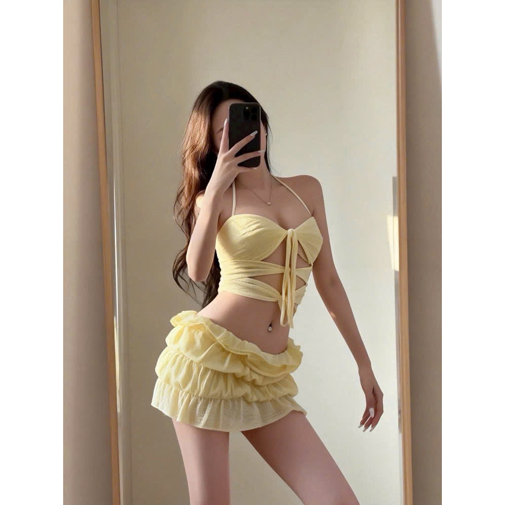 [Hà Nội] CÓ SẴN - Set bikini 3 mảnh kín đáo - Set váy đi biển SET BIKINI  VÀNG bèo nhún