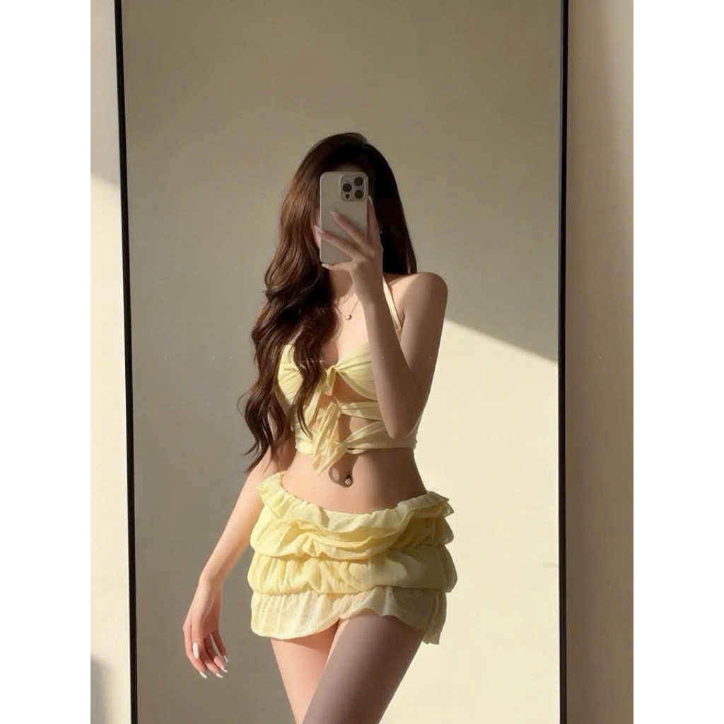 [Hà Nội] CÓ SẴN - Set bikini 3 mảnh kín đáo - Set váy đi biển SET BIKINI  VÀNG bèo nhún