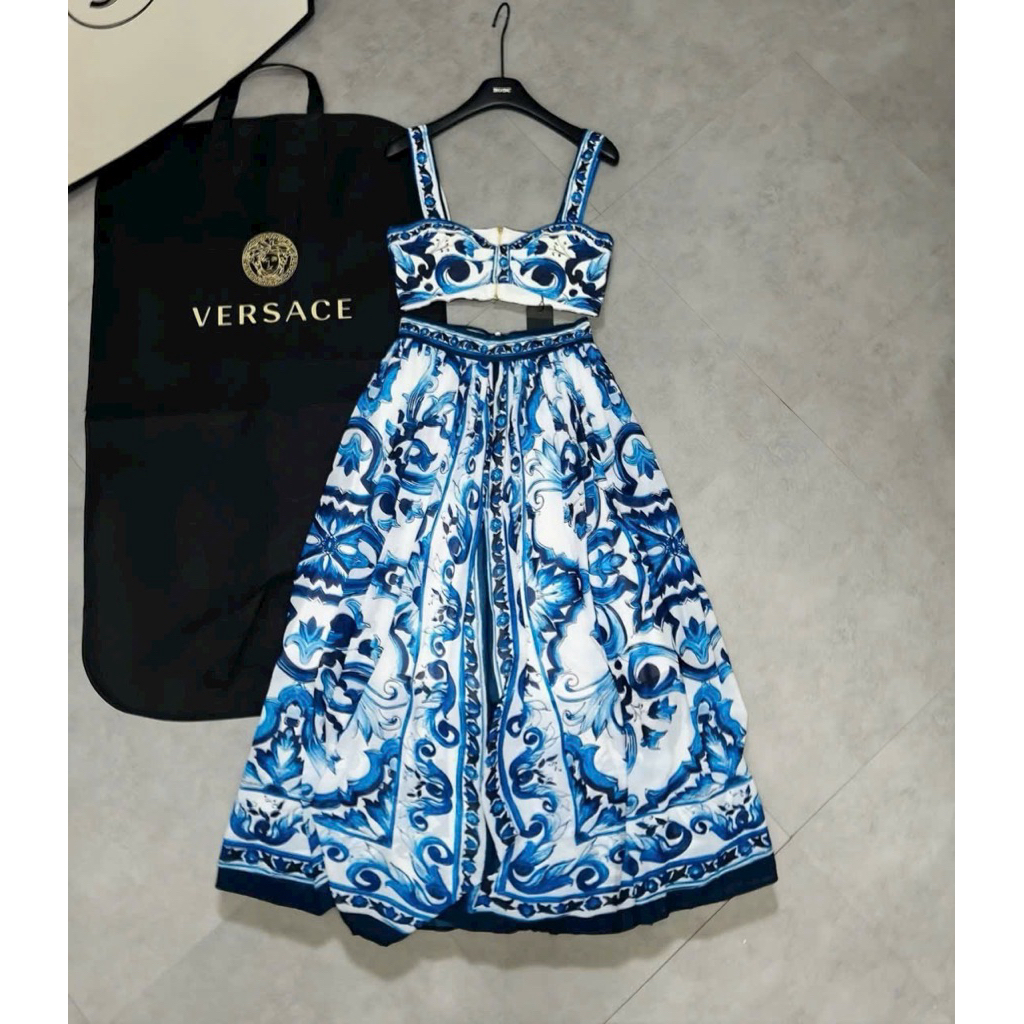 set áo váy dài xanh dương Hồng tag Versace sieu cap