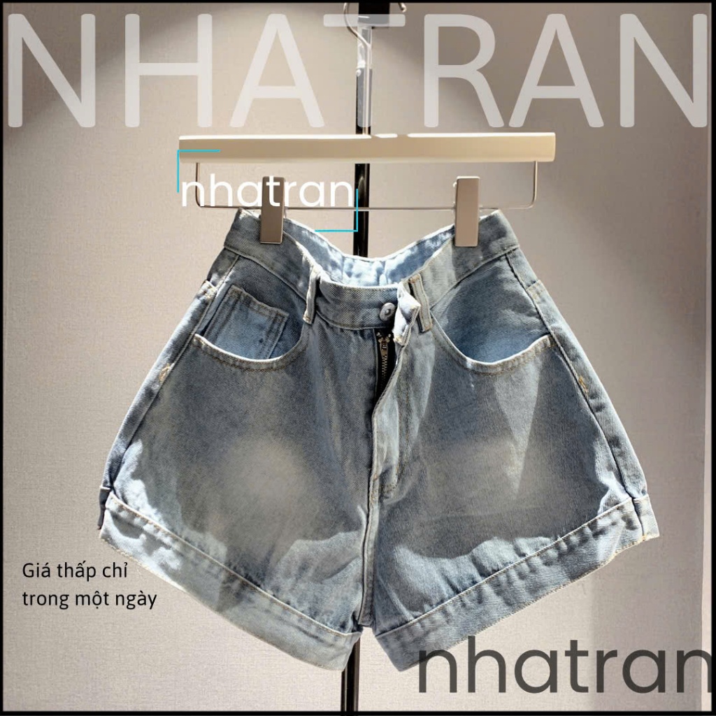 Quần đùi short jean nữ phom A cạp lưng cao viền lai to màu trơn trắng đen xanh nhatran X88