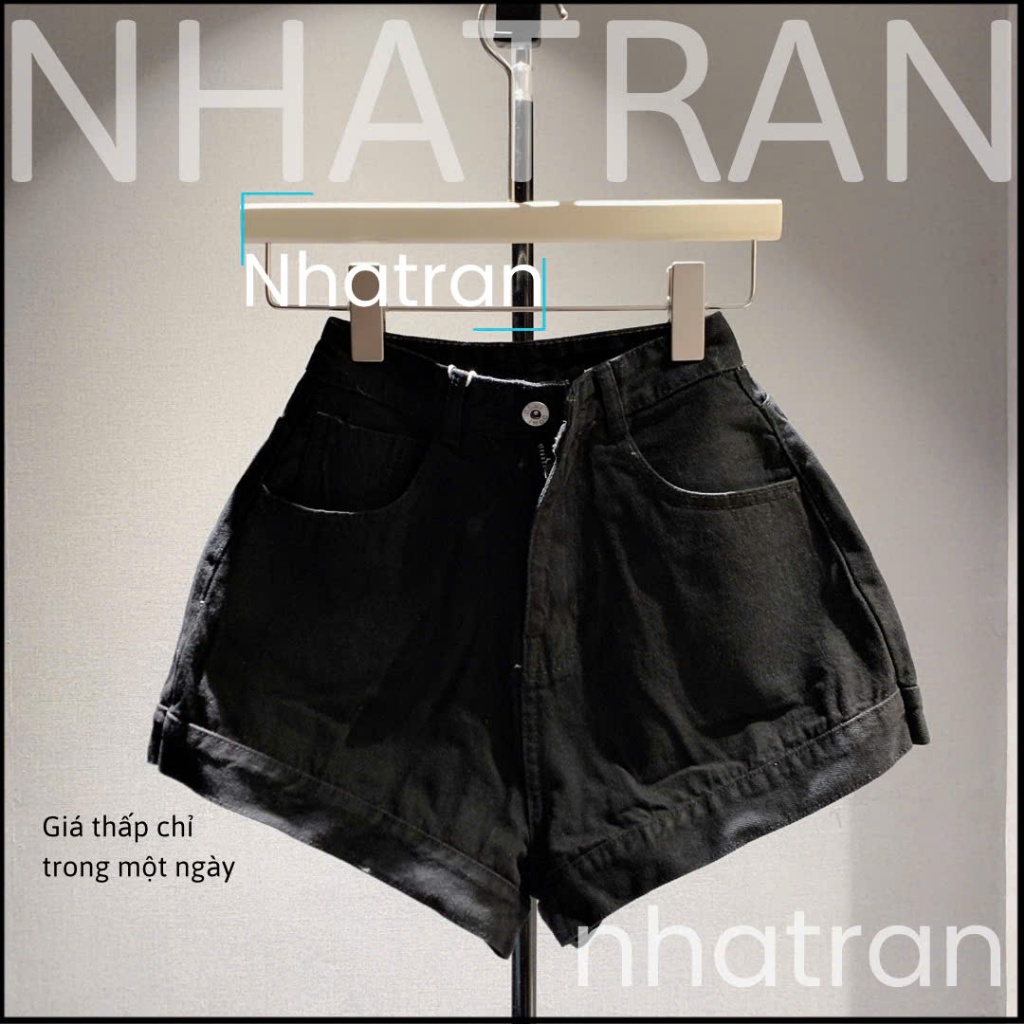 Quần đùi short jean nữ phom A cạp lưng cao viền lai to màu trơn trắng đen xanh nhatran X88