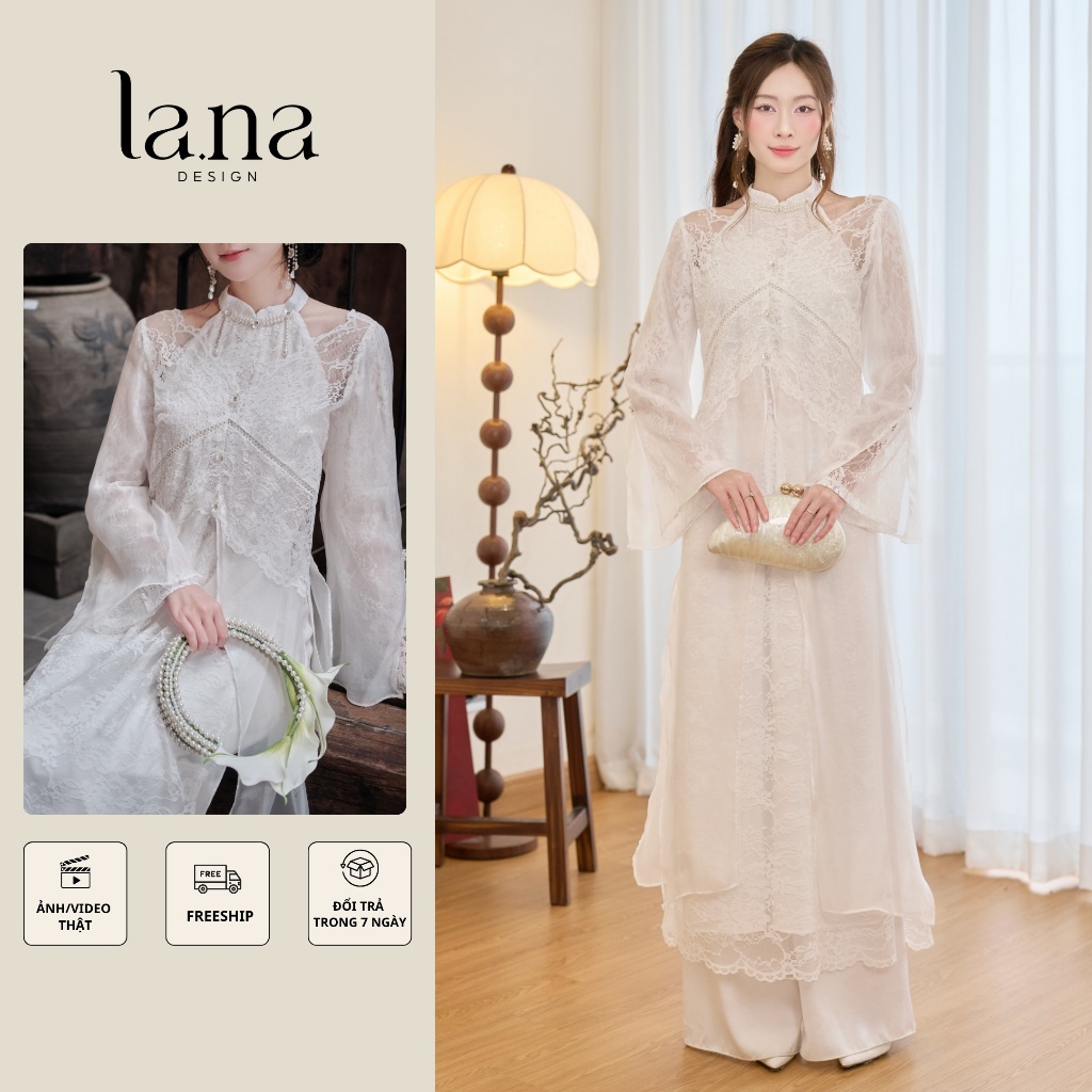 Áo dài cưới cao cấp Uyển Ngọc Trang dáng giả yếm cutout vai phối vải ren hoa chìm phối tằm óng nhẹ – SD396