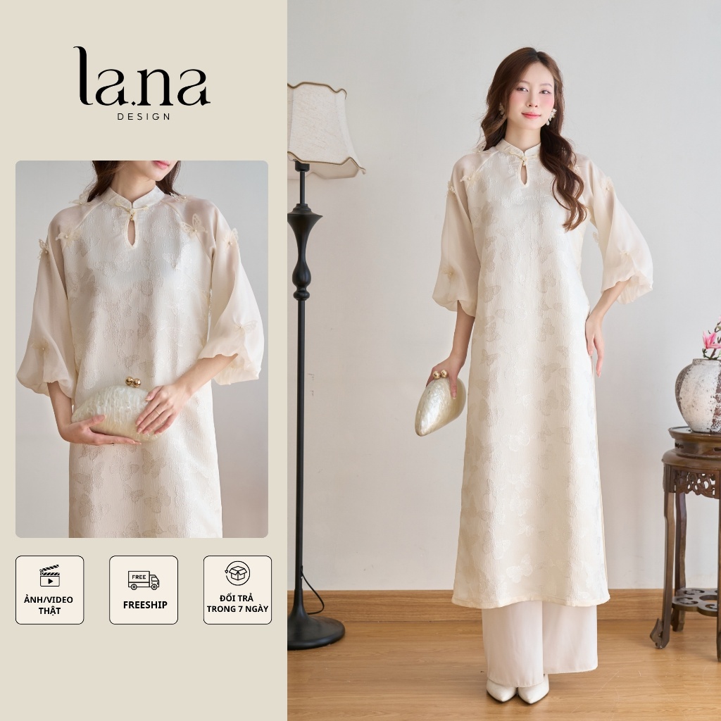 Áo dài Tịnh Nghi La.na Design trắng kem tay bồng lửng dáng suông 2 tà cách tân gấm họa tiết phù hợp tiệc cưới - SD384