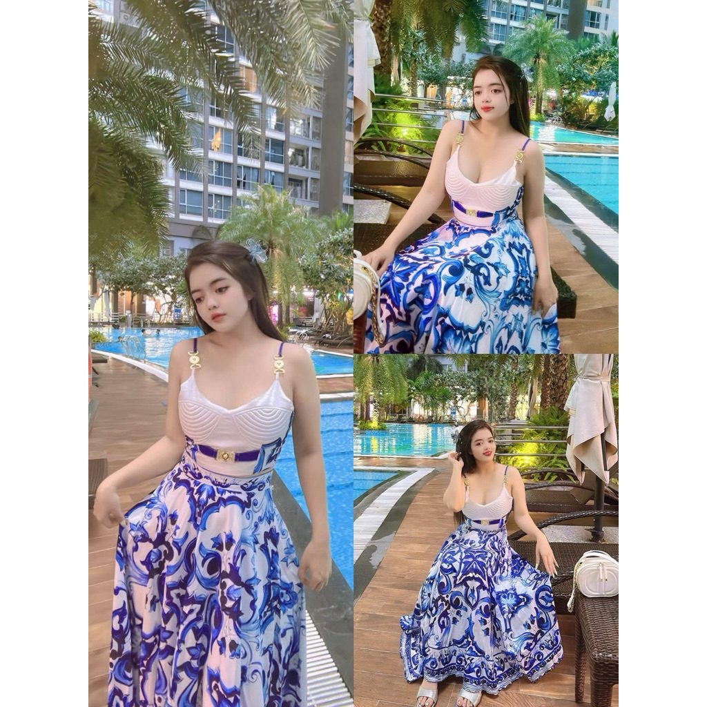 set áo váy dài xanh dương Hồng tag Versace sieu cap