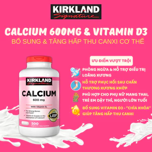 Hỗ trợ xương khớp, Phòng loãng xương Kirkland Signature Calcium 600mg with Vitamin D3 - Hộp 500 viên