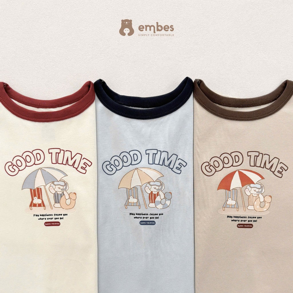Bộ Cộc Cho Bé Embes, Bộ Cộc Tay In Hình Phối Quần Kẻ Sọc Chất Mát Cho Bé Trai Bé Gái Size Từ 8-17kg