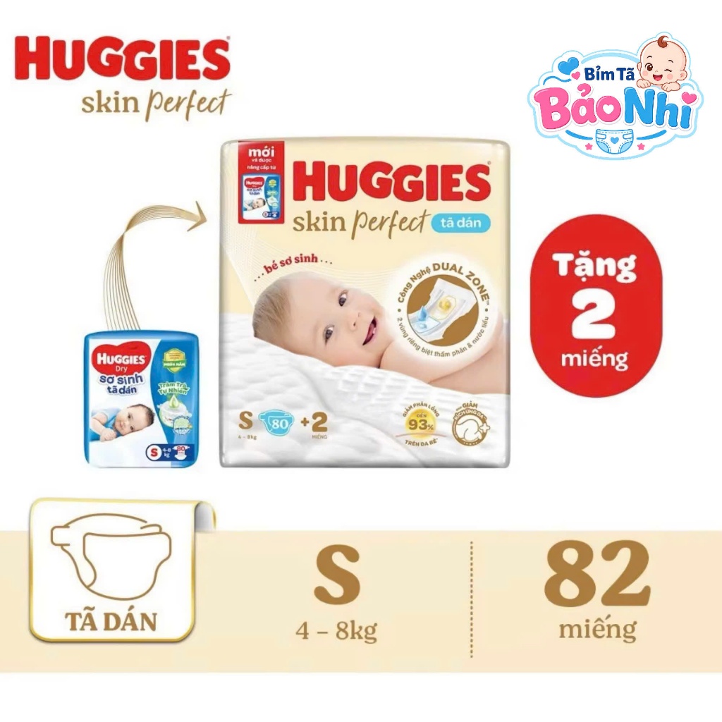 [ TẶNG QUÀ ] Tã/Bỉm Dán Huggies Skin Perfect size S80+2 Với 2 vùng thấm hút riêng biệt