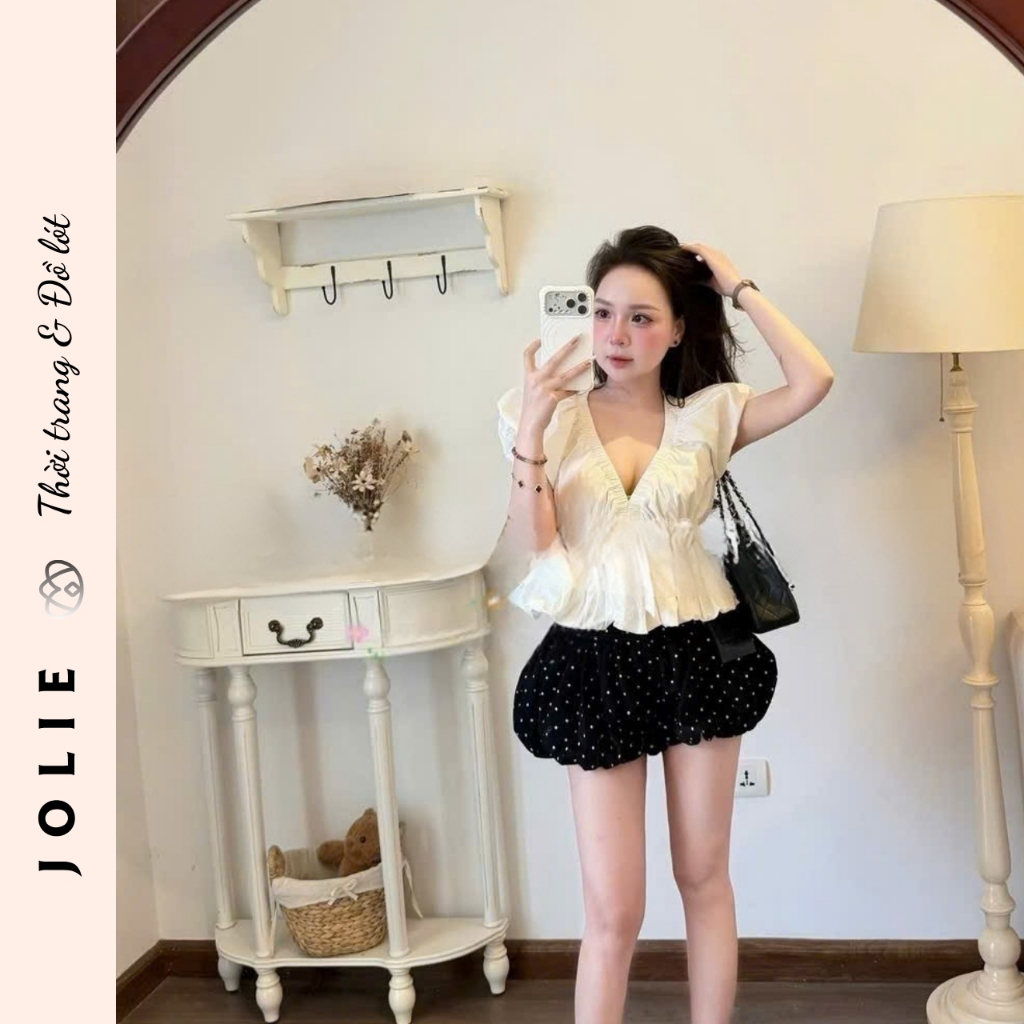 Set Áo Kiểu Peplum Cổ V Cánh Tiên Buộc Nơ Mix Chân Váy Bí Chấm Bi JOLIE