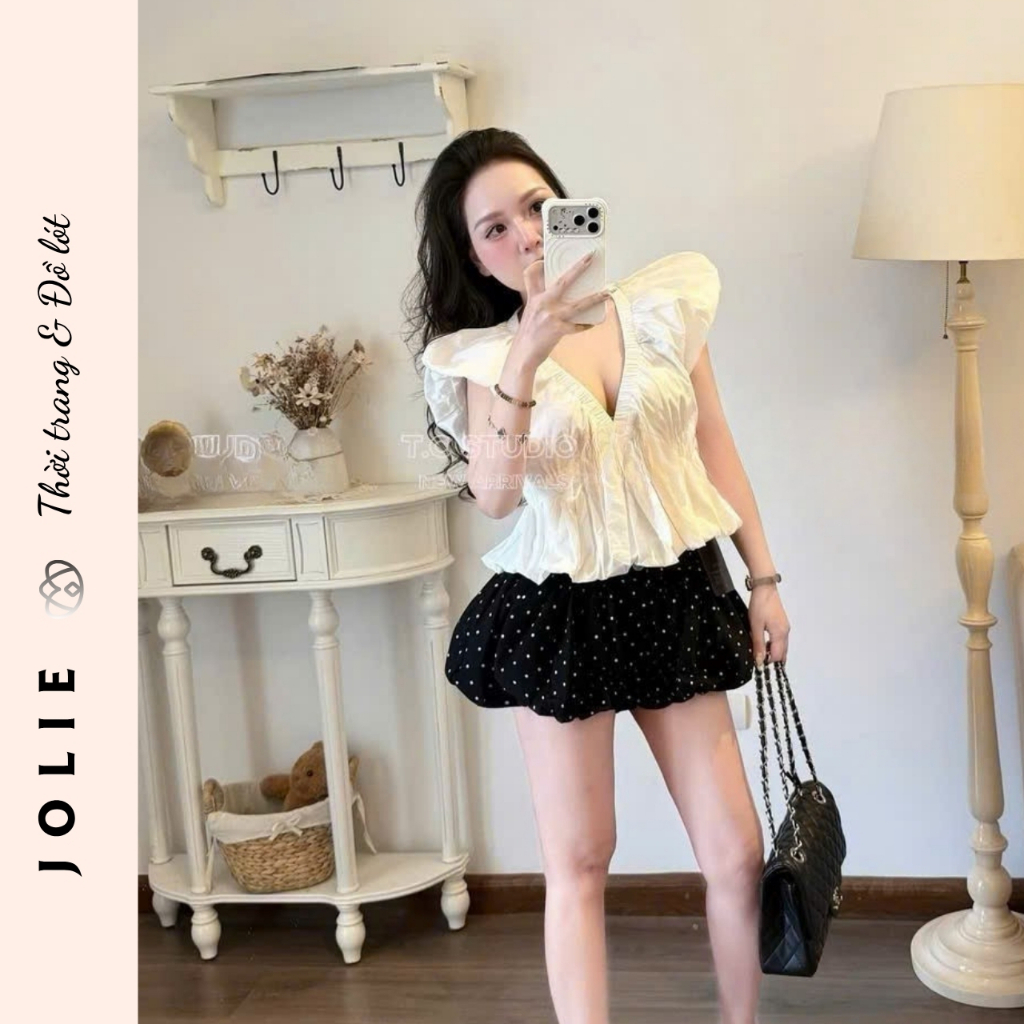 Set Áo Kiểu Peplum Cổ V Cánh Tiên Buộc Nơ Mix Chân Váy Bí Chấm Bi JOLIE