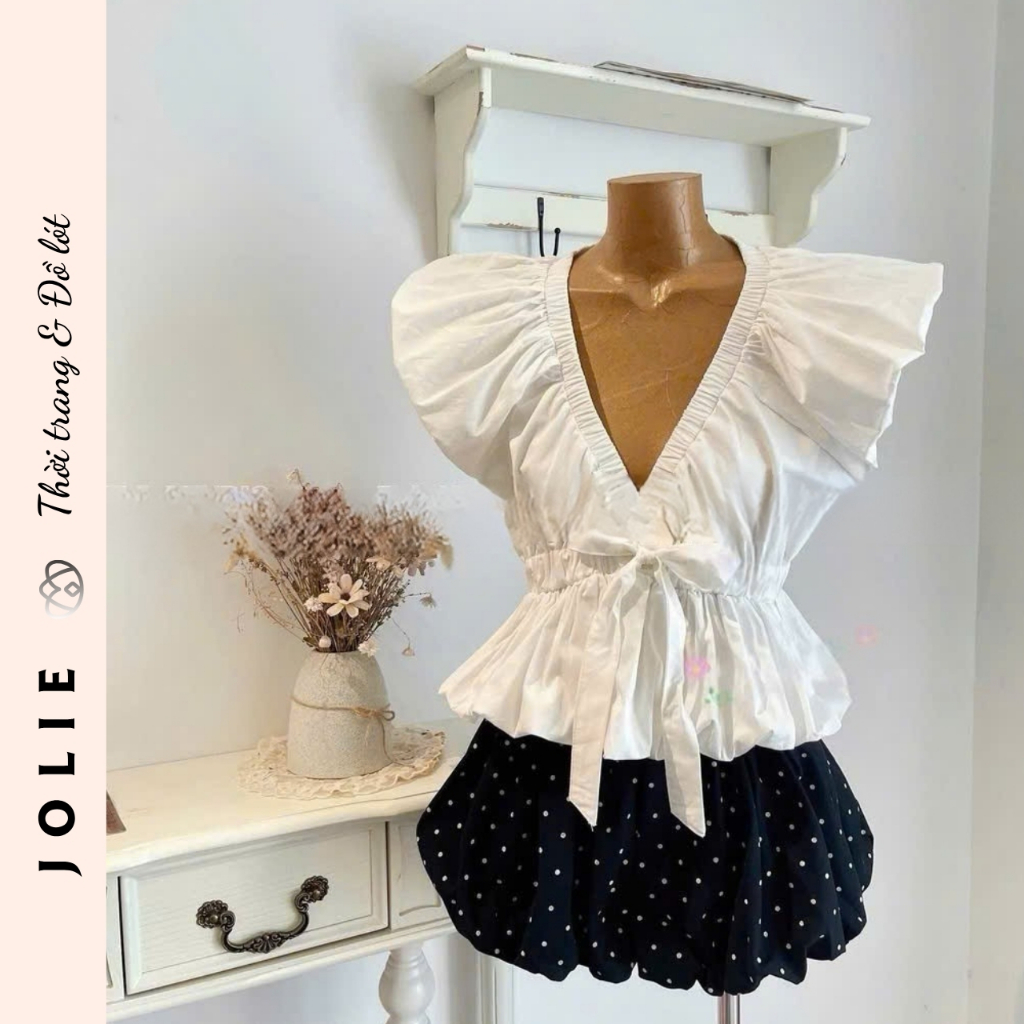 Set Áo Kiểu Peplum Cổ V Cánh Tiên Buộc Nơ Mix Chân Váy Bí Chấm Bi JOLIE