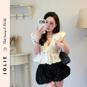 Set Áo Kiểu Peplum Cổ V Cánh Tiên Buộc Nơ Mix Chân Váy Bí Chấm Bi JOLIE