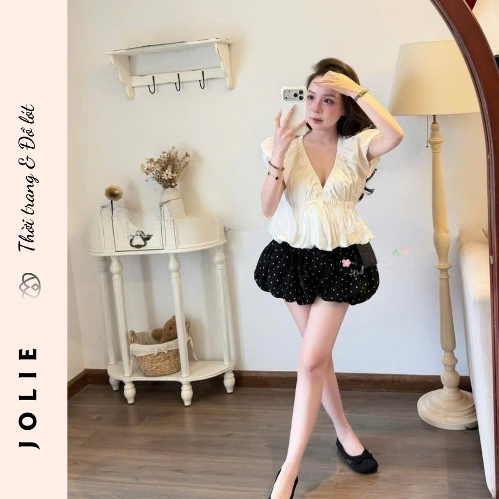 Set Áo Kiểu Peplum Cổ V Cánh Tiên Buộc Nơ Mix Chân Váy Bí Chấm Bi JOLIE
