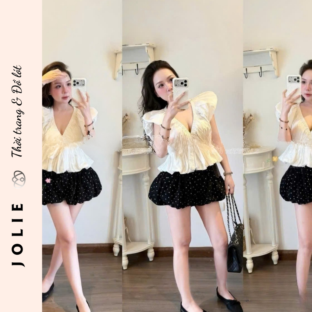 Set Áo Kiểu Peplum Cổ V Cánh Tiên Buộc Nơ Mix Chân Váy Bí Chấm Bi JOLIE