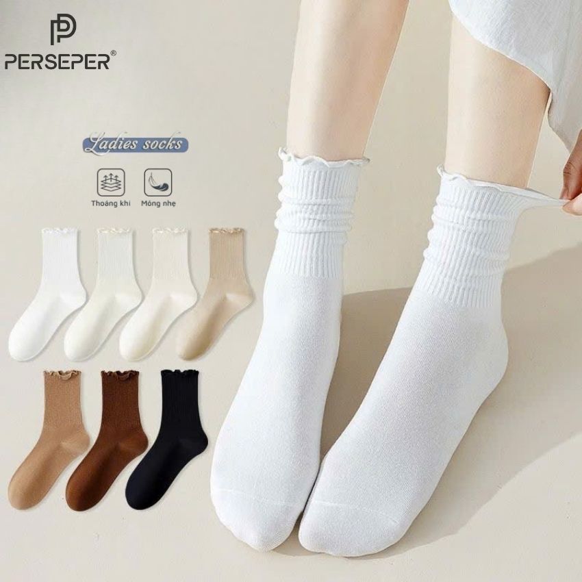Tất cổ cao nữ bèo nhún, vớ bèo nhún nữ cổ cao màu trơn basic thời trang Vintage Hàn Quốc- Cherry Shop