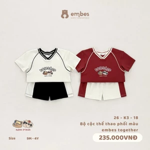 Bộ Cộc Cho Bé Embes, Bộ Cộc Tay 'together' Cổ V In Họa Tiết Chất Cotton Cho Bé Trai Size Từ 8-18Kg