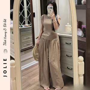 Set Bộ Thun Gân Mix Quần Đũi Ống Rộng Bo Chun Thắt Dây JOLIE