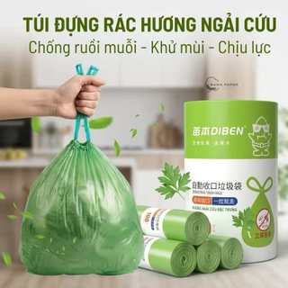 combo 3 cuộn túi đựng rác hương ngải cứu có dây rút, túi đựng rác chống côn trùng