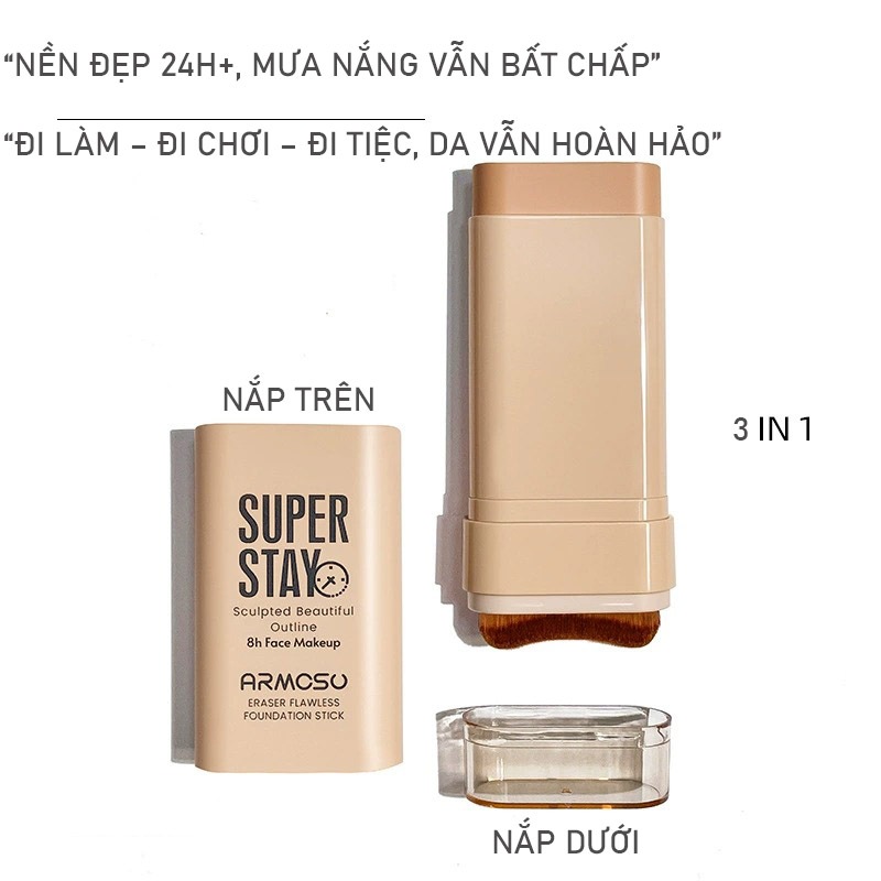 ARMOSU Kem nền dạng thỏi, Che phủ khuyết điểm, lâu trôi 8h, chống nước, Hết lo mốc nền, bóng dầu, lâu trôi, chuẩn salon