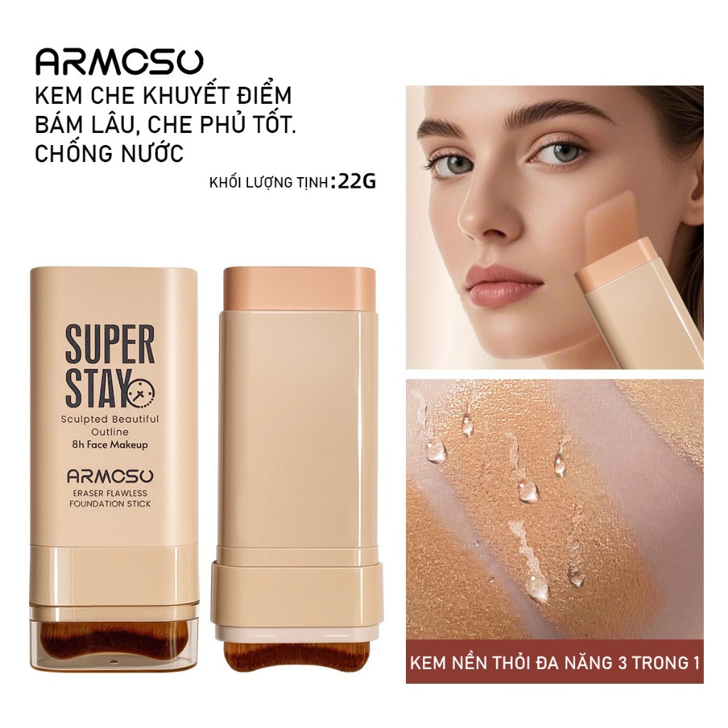 ARMOSU Kem nền dạng thỏi, Che phủ khuyết điểm, lâu trôi 8h, chống nước, Hết lo mốc nền, bóng dầu, lâu trôi, chuẩn salon