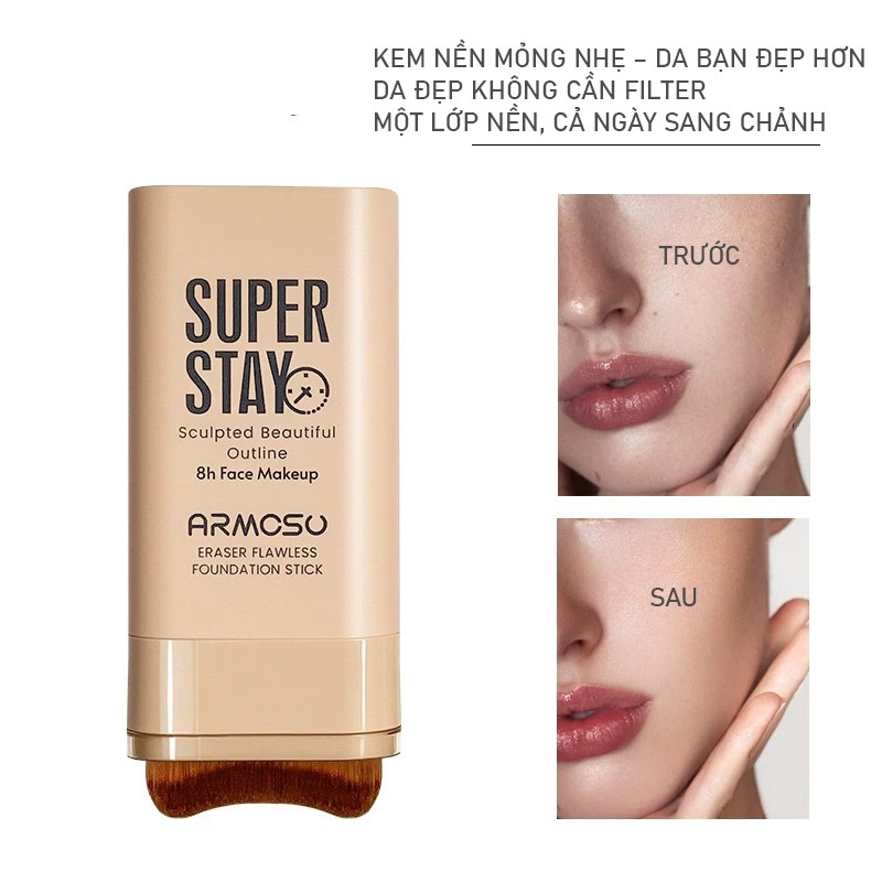 ARMOSU Kem nền dạng thỏi, Che phủ khuyết điểm, lâu trôi 8h, chống nước, Hết lo mốc nền, bóng dầu, lâu trôi, chuẩn salon