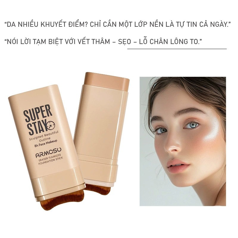 ARMOSU Kem nền dạng thỏi, Che phủ khuyết điểm, lâu trôi 8h, chống nước, Hết lo mốc nền, bóng dầu, lâu trôi, chuẩn salon