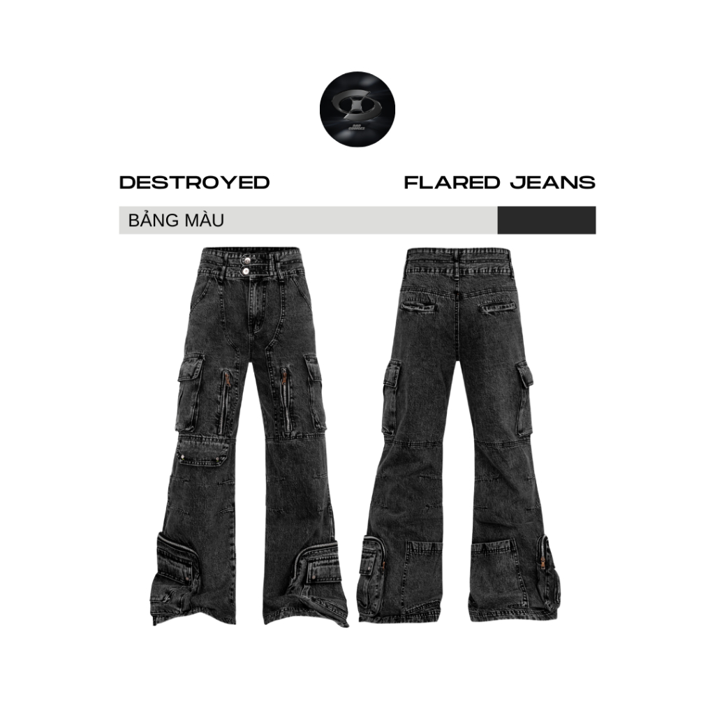 Bad Choices | Quần jean suông loe DESTROYED dây kéo phối túi hộp StreetWear Style
