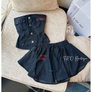 Set Jeans Bò Áo Quây Thêu Mix Chân Váy Xoè QC