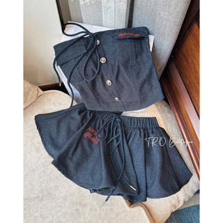 Set Jeans Bò Áo Quây Thêu Mix Chân Váy Xoè QC