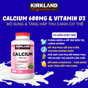 Viên uống bổ sung Canxi cho gia đình Kirkland Signature Calcium 600mg with Vitamin D3 - Hộp 500 viên