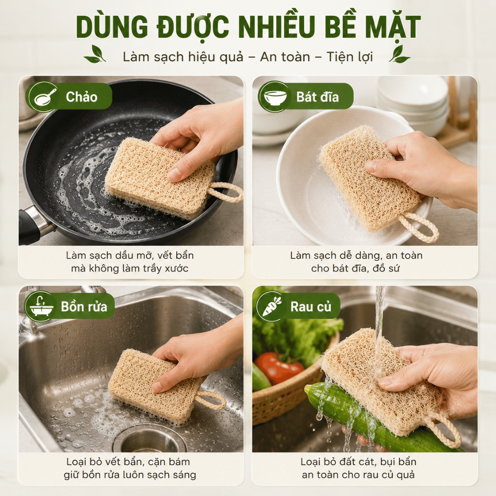 Combo 5 Miếng Rửa Chén Xơ Mướp Đa Năng, Sạch Dầu Mỡ, Chống Trầy Xước, Mềm Mại An Toàn Cho Da Tay