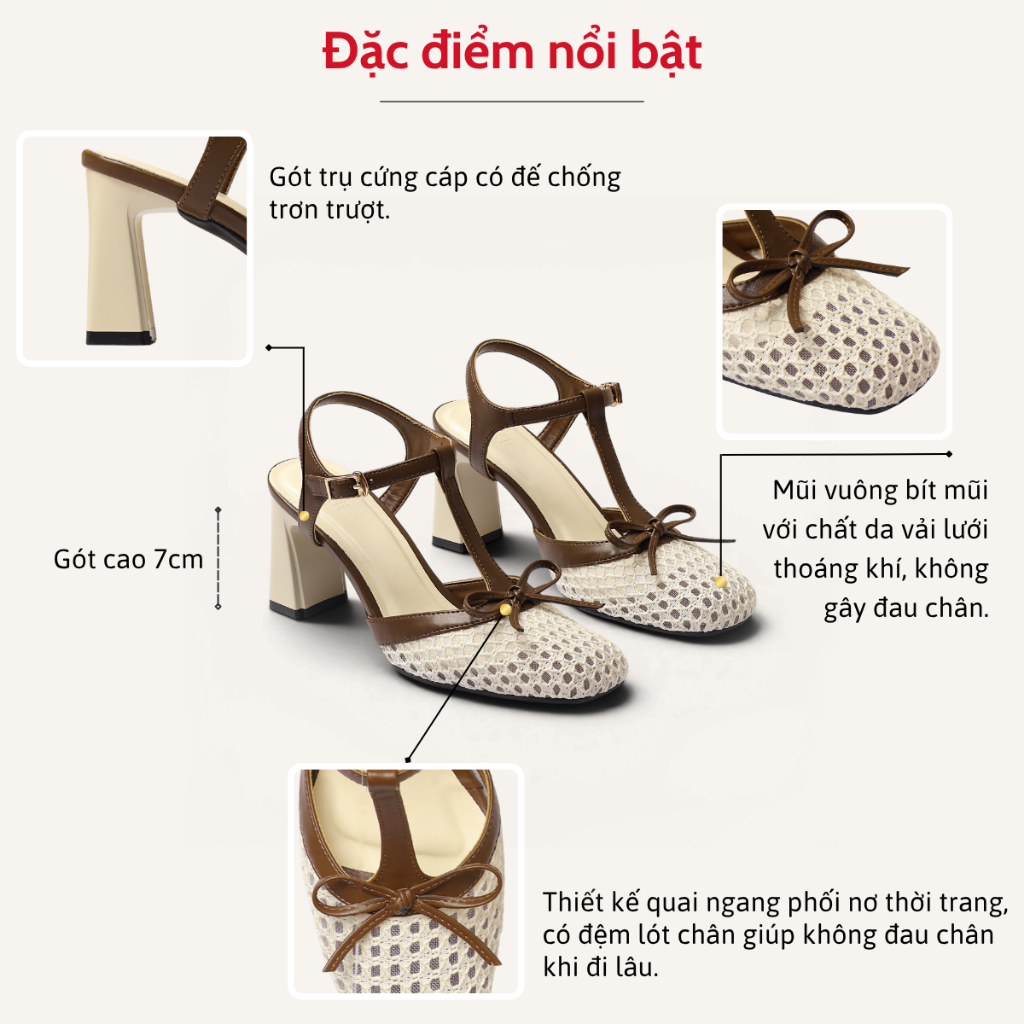 Giày Sandal Cao Gót Nữ 7cm Mũi Vuông Vải Lưới Phối Nơ Thời Trang Pixie H463