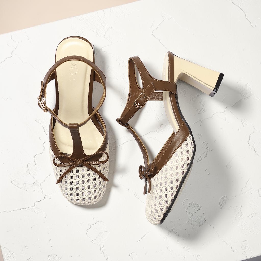 Giày Sandal Cao Gót Nữ 7cm Mũi Vuông Vải Lưới Phối Nơ Thời Trang Pixie H463