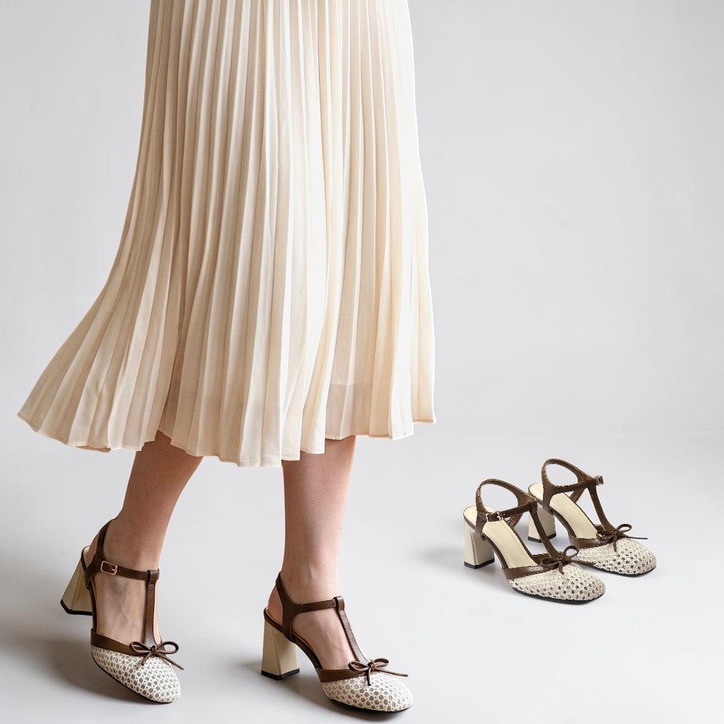 Giày Sandal Cao Gót Nữ 7cm Mũi Vuông Vải Lưới Phối Nơ Thời Trang Pixie H463