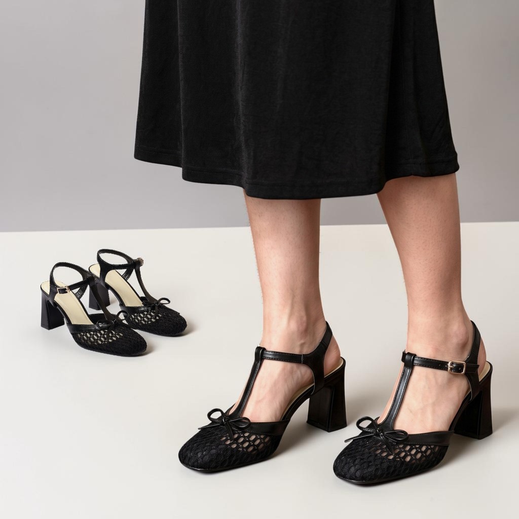 Giày Sandal Cao Gót Nữ 7cm Mũi Vuông Vải Lưới Phối Nơ Thời Trang Pixie H463