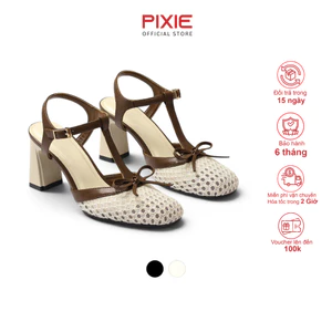 Giày Sandal Cao Gót Nữ 7cm Mũi Vuông Vải Lưới Phối Nơ Thời Trang Pixie H463