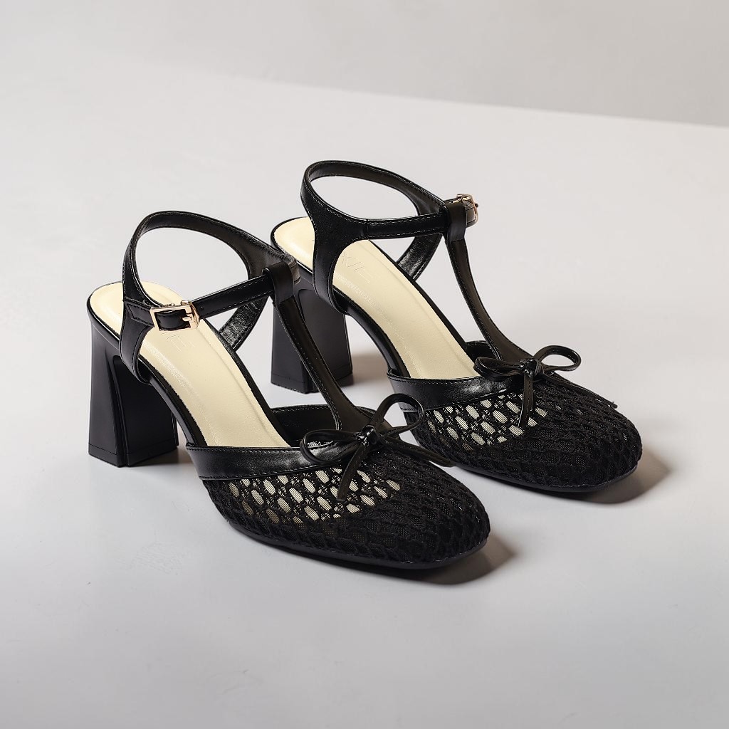 Giày Sandal Cao Gót Nữ 7cm Mũi Vuông Vải Lưới Phối Nơ Thời Trang Pixie H463