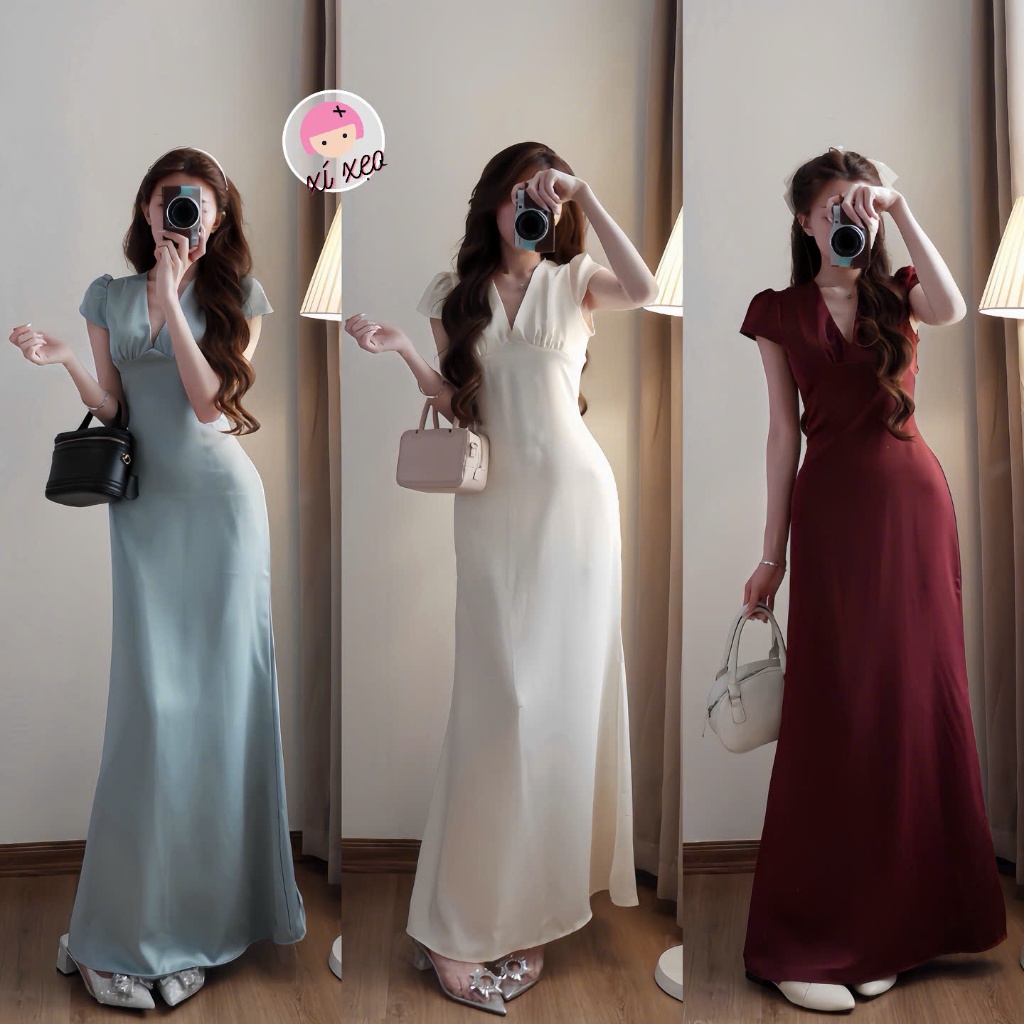 Váy lụa cổ V dáng dài tay ngắn chiết eo tiểu thư xixeoshop - V360, V500