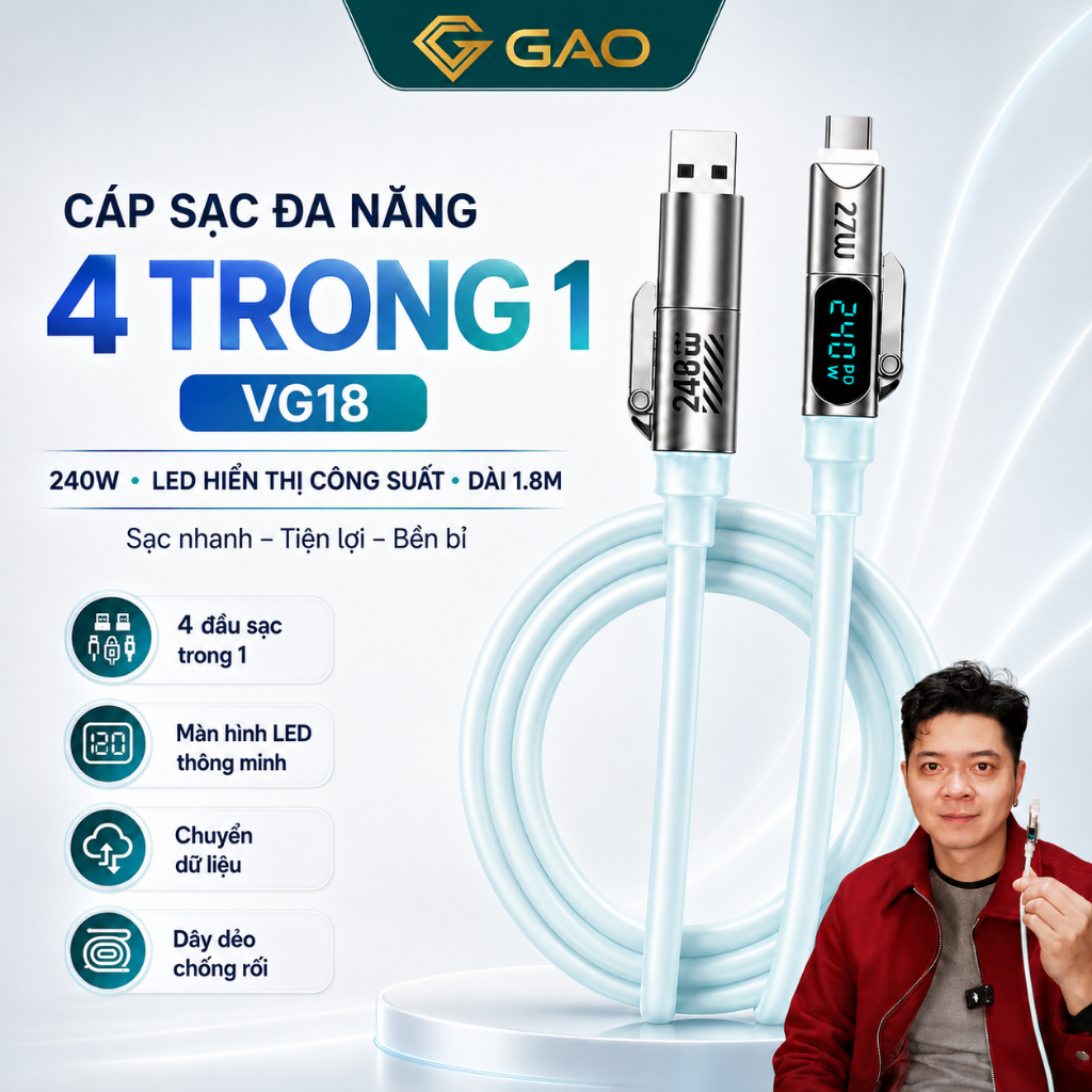 Cáp Sạc Đa Năng 4 Trong 1 VG18 Hỗ Trợ 240W LED Hiển Thị Công Suất Dài 1.8m Tiện Lợi GAO CS10