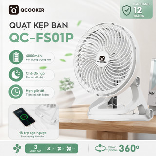 [5000MAH] Quạt Tích Điện Kẹp QCOOKER Quạt Để Bàn Vận Hành Êm Ái Dùng Liên Tục Đến 6H Xoay 180 Độ