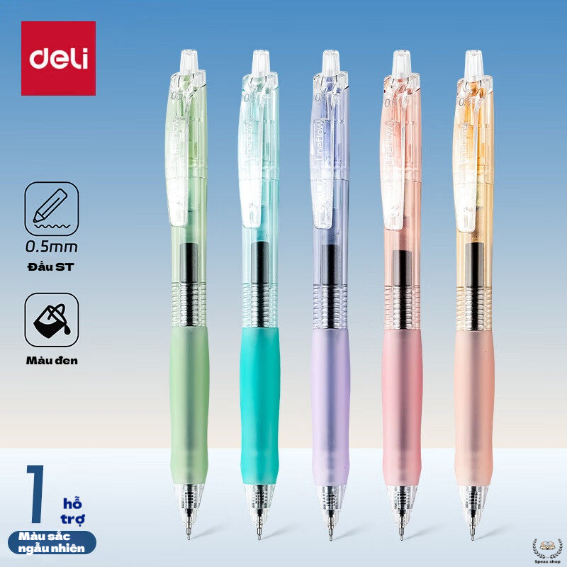 Deli Bút Gel Bấm 0.5mm ST Tip – Mực Khô Nhanh, Viết Êm Trơn, Thân Bút Màu Sắc Trẻ Trung 5 Cây/Hộp