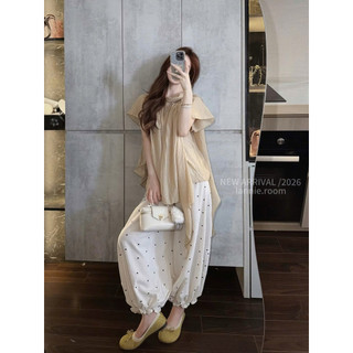 Set Tơ Thô Tay Dơi Vàng Be Mix Quần Suông Chấm Bi Chun Lannie
