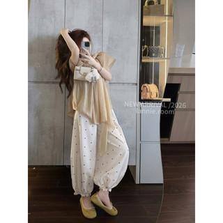 Set Tơ Thô Tay Dơi Vàng Be Mix Quần Suông Chấm Bi Chun Lannie