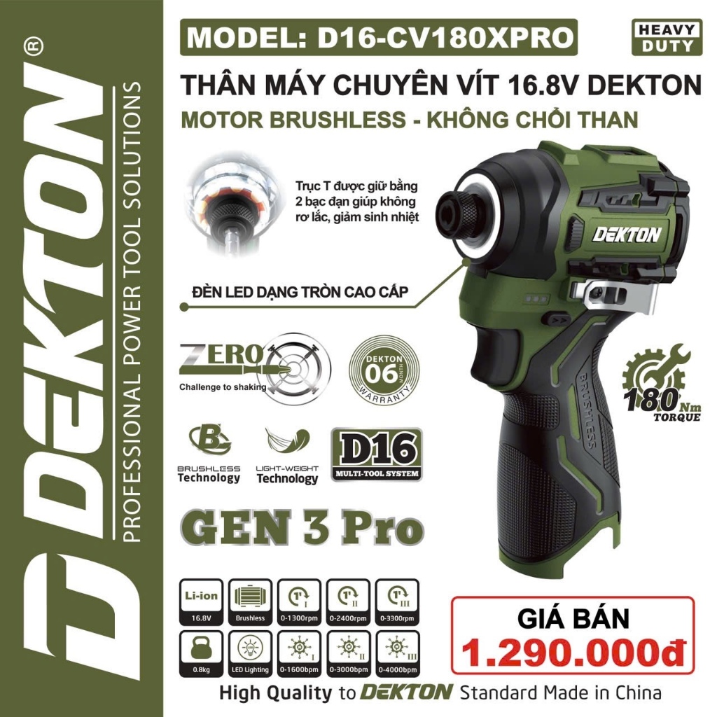Máy Chuyên Vít Dùng Pin 16,8V DEKTON D16-CV180PRO - Motor Brushless - Lực Siết 180Nm
