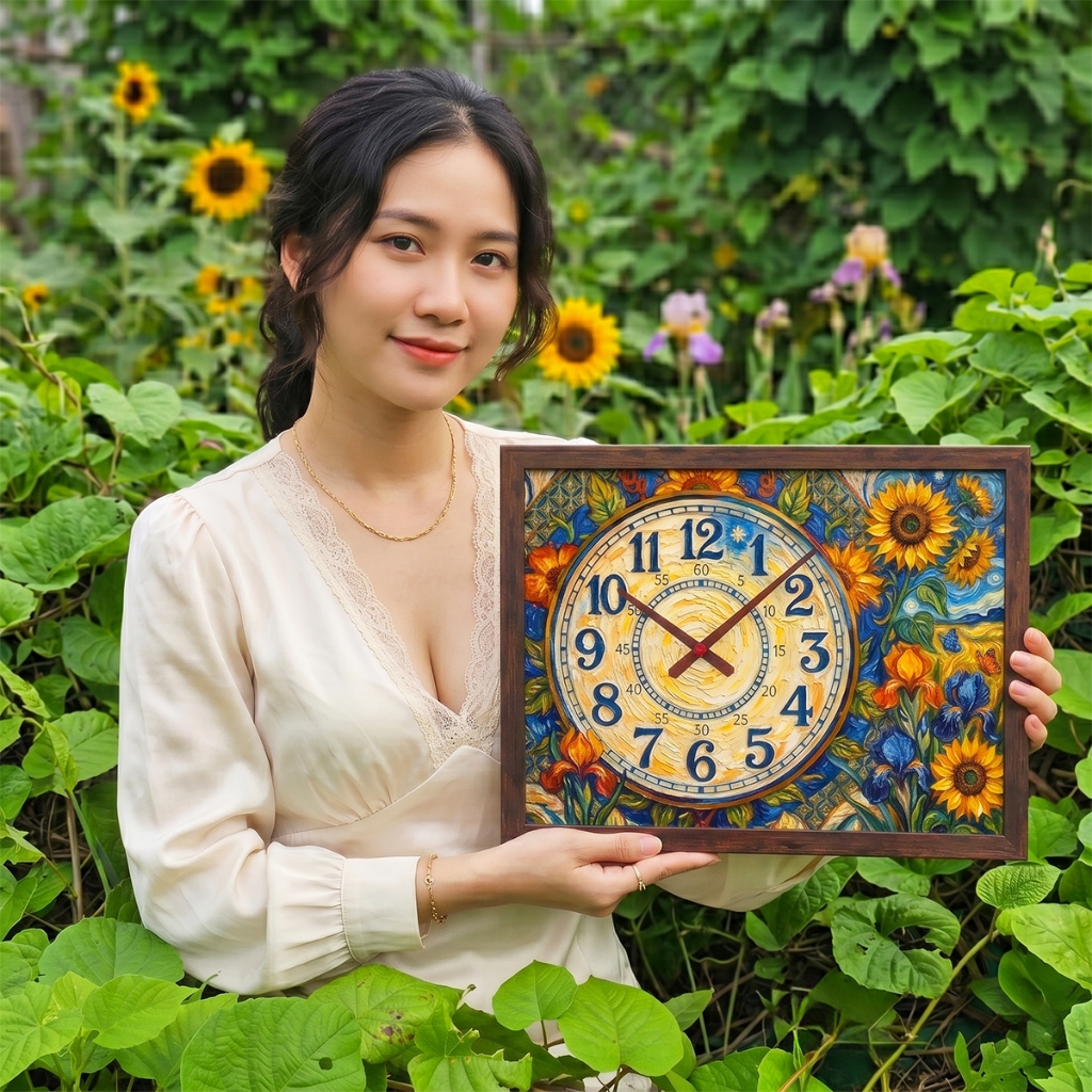Đồng Hồ Treo Tường Khung Vân Gỗ, Họa Tiết Van Gogh Cổ Điển, Tranh Đồng Hồ Nghệ Thuật Decor Nhà Cửa, Quà Tặng Đồng Hồ 1
