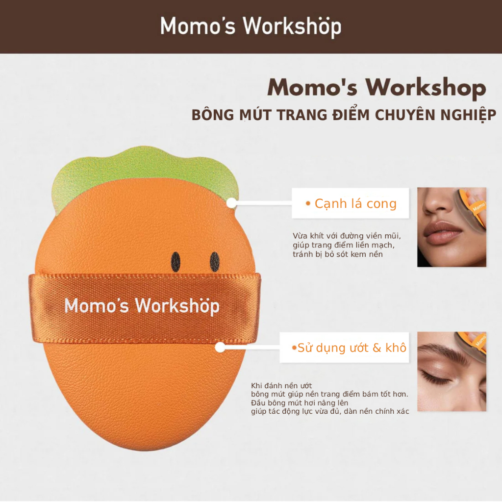 Bông Mút Tán Nền Cà Rốt Xinh Xắn Momo's Workshop Bento Buddies Geego All-Weather Puff - Carrot Crunch (2pcs)